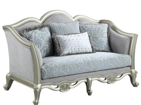 ACME Qunsia Loveseat w 4 Pillows, Light Gray Linen & Champagne Finish LV01118 For Cheap