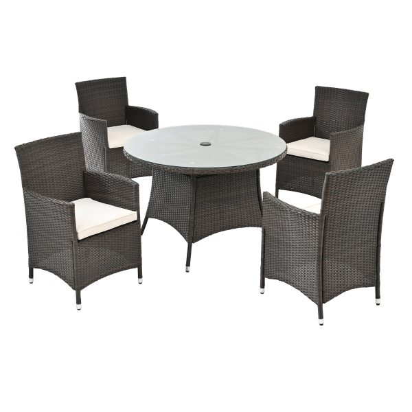 5 Piece Outdoor Dining Set All-Weather Wicker Patio Dining Table and Chairs with Cushions, Round Tempered Glass Tabletop with Umbrella Cutout for Patio Backyard Porch Garden Poolside(Brown-White) Online Hot Sale