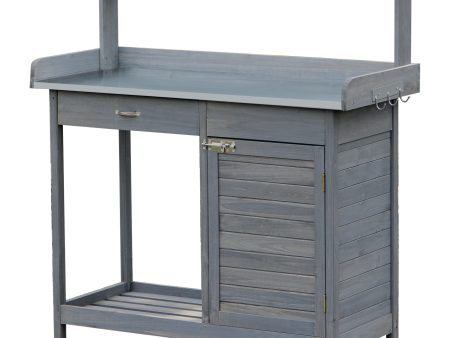 Outsunny Outdoor Potting Bench Table, Garden Work Station with Storage Cabinet, Open Shelf and Steel Tabletop, Gray Discount