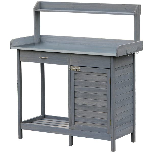 Outsunny Outdoor Potting Bench Table, Garden Work Station with Storage Cabinet, Open Shelf and Steel Tabletop, Gray Discount