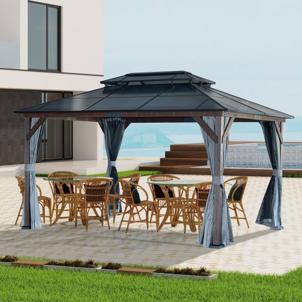 10  x 13  Hardtop Wood Gazebo for Patios, Outdoor  Framed Gazebo with Polycarbonate Double Roof Canopy, Solid Wooden Framed Gazebo with Privacy Curtains and Mosquito Nettings for Garden, Backyard Hot on Sale